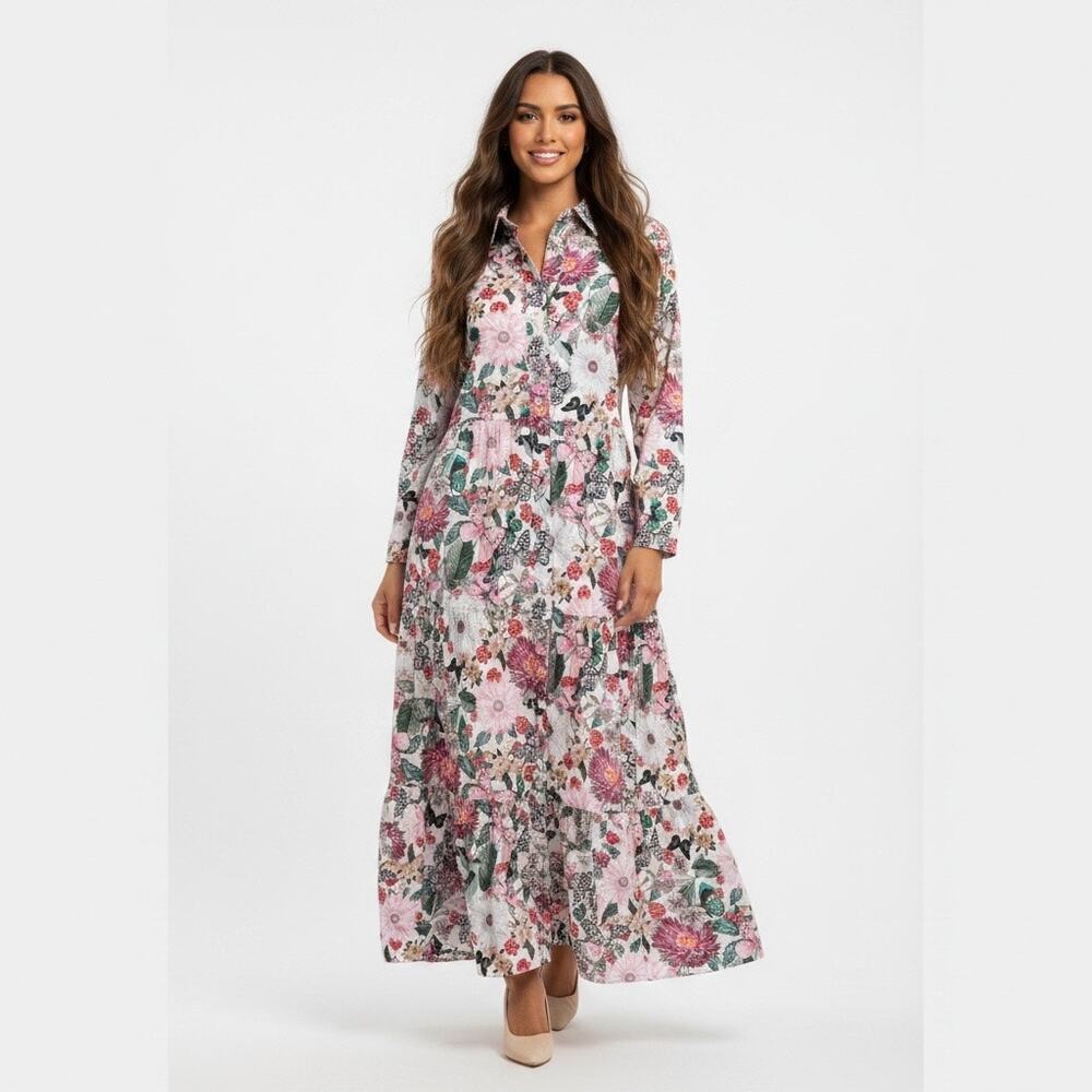 Italian Cotton Floral Botanical Butterfly Maxi Shirt Dress Garden Spring Summer